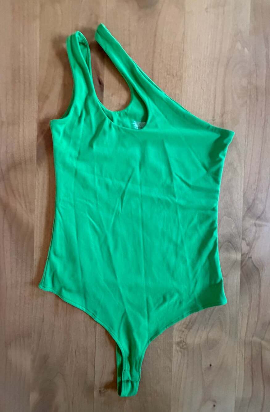 Bright green double strap one shoulder body suit. Small.